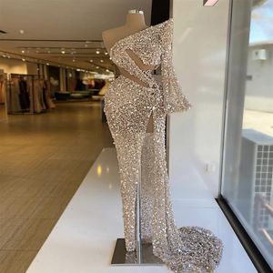 Sparkly Searneed Sequined Mermaid Вечерние платья на одно плечо с длинным рукавом с расщепленным бисером формальным выпускным платья на заказ на заказ плюс размеры Pagean271V