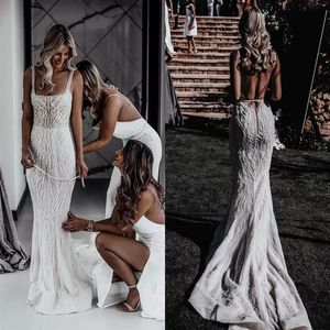 Bling Sequined Squre Neck Trumpet Mermaid Wedding Dresses Spaghetti Straps Sexy Open Back Robes de Mariee Sweep Train Modest Secon222s