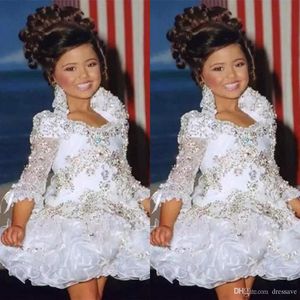 Glitz Pageant Dresses For Girls Little Girl Birthday Gowns 3 4 Sleeve Beads Crystal Rhinestone Ruffles Cupcake Flower Girl Dress286z