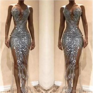 Sparkly Silver Mermaid Prom Dresses 2022 Sexy See Through Sequins Bodice Split Long Women Occasion Evening Gowns Custom Made BC062240w