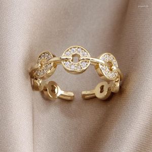 Cluster Rings 2023 Delicate 14K Gold Color Crystal Coin Adjustable For Women Jewelry Cubic Zircon Wedding