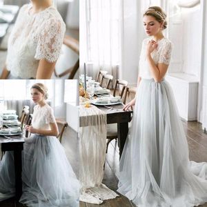 2019 Country Style Bohemian Bridesmaid Dresses Sheer spets korta ärmar Illusion Bodice Tulle kjol Maid of Honor Wedding Guest PA284Z