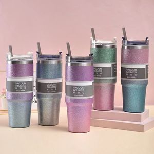 Tumblers 30oz Paslanmaz Çelik Kupa Çift Yalıtımlı Seyahat Roller Starw ile Kapak Elmas Boya Dondurma Kahve 230719