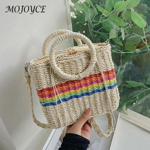 Summer Straw Shoulder Crossbody Bag Beach Fashion Handmade Woven Basket Lady Handle Handbags Totes Rainbow Rattan Messenger