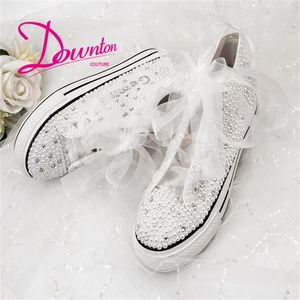 Handmade Custom Letters Crystals Pearls Wedding Shoe Sneakers Bridal Platform Canvas plimsoll bridesmaid Sneaker shoes size 34-42265s