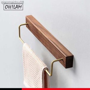 Black Walnut Wood Towel Rack Wall Mounted Retro Towel Bar Wooden Towel Holder Brass Towel Rail Brass Hooks for Bathroom Kitchen L230704