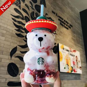 New Starbucks Latin American style Mexico little bear coffee cup glass straw cup Cold water cup241q