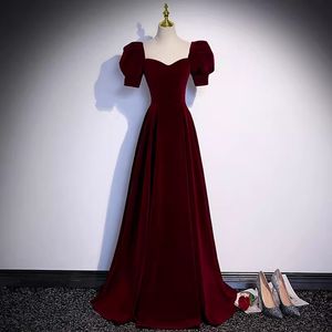 Bourgogne aftonklänning sammet prom klänningar älskling korta ärmar snörning/blixtlås tillbaka