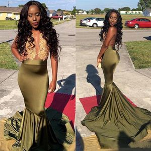 Olive Green African Prom Dresses 2k17 Gold Lace Appliques Satin Mermaid Evening Gowns Black Girl Cocktail Formal Party Dress301w