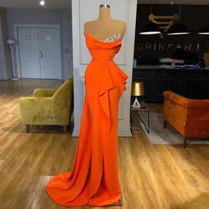 Orange satin kvällsklänningar 2021 kristaller veckade långa formella promklänningar sjöjungfrun svep tåg cocktail party klänning205a