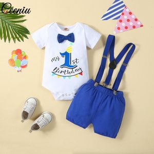 Conjuntos de roupas Ceeniu Summer Baby Boy Birthday Outfits Letter One Gravata Romper Suspensório Shorts Para Meninos 3pcs Infantil Bolo Smash Clothes