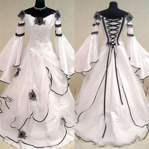 Renesansowe czarno -białe sukienki ślubne w stylu vintage zabytkowe sukienki ślubne dla arabskich sukien ślubnych z dopasowaniem i flary rękawów Flowe290z