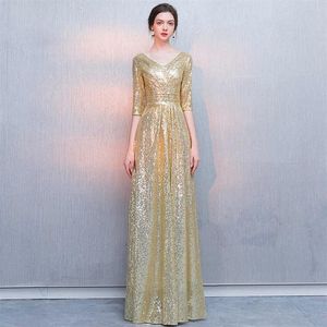 블링 스팽글 반 슬리브를 가진 신부 들러리 드레스 2019 New Gold Long Party 드레스 vestido de festa253e