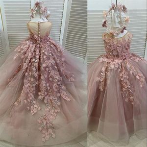 2022 Lindos Vestidos de Flor Rosa para Meninas Jóia Decote Boné Mangas Rendas Apliques Com Flores Feitas à Mão Comunhão de Aniversário Crianças Menina 287T