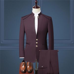 Cheapest Groom Tuxedos Burgundy Groomsmen Chinese Mao Suits Stand Collar Man Suit Wedding Men Suits Bridegroom Jacket Pants 185e