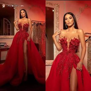 Rojo árabe Aso Ebi Encaje Elegante Lujoso Vestidos de baile Con cuentas Cristales Noche sexy Fiesta formal Segunda recepción Vestidos Dress283k