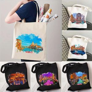 Kvällspåsar Venedig Italien Akvarell Ink Oil Målning Axel Canvas Cotton Tote Bag Harajuku Shopper Handväska Vikbar shopping återanvändbar