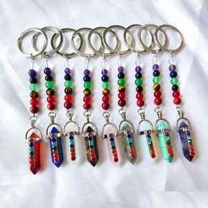 Keychains Lanyards Natural Stone 7 Chakra Beads Hexagon Prism Key Rings Chains Healing Crystal Keyrings For Women Men BK D DHGARDEN DHDXZ