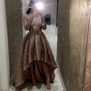 Shining Sequins High Low Evening Dresses 2020 Crew Neck Long Sleeves Plus Size A Line Formal Party Gowns Prom Dress2179