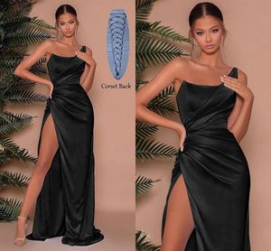 Sexy Black One Shoulder Bridesmaid Dresses Sheath Mermaid Corset Back High Thigh Split Maid of Honor Gowns Women Formal Evening Prom Dress BC16235