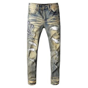 Sokotoo Men's Snake broderad retro denim Jeans Slim Skinny Holes Pu Leather Patchwork Stretch Pants MX200814331P