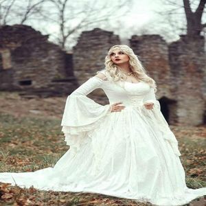 Renesansowa gotycka koronkowa suknia balowa suknie ślubne z płaszczem plus rozmiar dzwonka długi rękaw Celtic Medieval Princess Vintage Go197Q