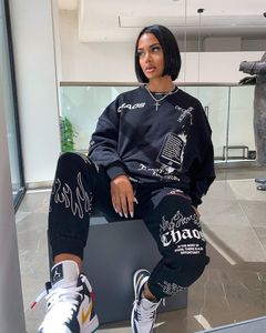 Kvinnors outfit Letter Print Loose 2 Two Piece Set Streetwear Tracksuit Sweatshirt +Joggers Pants Matching Ensemble Femme 2 Pieces