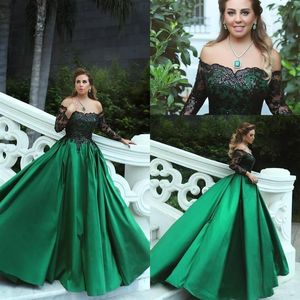 Vintage Emerald Green Black Lace Long Sleeves Prom Party Dresses Off The Shoulder A Line Middle East Elegant Evening Gowns223A