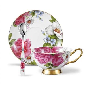 3 Piece Bone China Tea Cup och Saucer Set With Spoon Porslin Gold Rimmed Coffee Teacup 200 ML247G