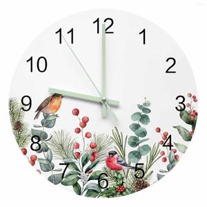 Wall Clocks Christmas Eucalyptus Berries Robin Luminous Pointer Clock Home Ornaments Round Silent Living Room Office Decor
