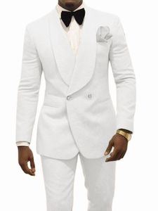 Erkekler Suits Blazers Özel Pour Hommes Yapım Sağdı Beyaz Desen Damat Smokin Şal Kazan 2pcs Düğün Jacketpants Kostüm Homme 230720