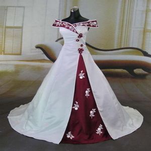 Design White and Red Wedding Dresses Off Shoulder Flowers Applique Satin A-line Bridal Gowns vestido de noiva Custom W114247r