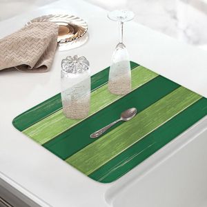 Table Mats Retro Wood Grain Green Dish Drying Mat For Kitchen Tea Bowl Pot Sink Absorbent Pad Easy Clean Foldable Tableware