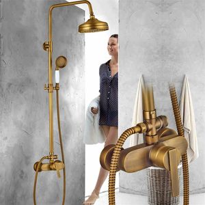 Antik mässing Dusch Mixer Set Single Spak Bath Mixer Tap Rainfall Dusch Head Exponed Shower System med Handshower237G