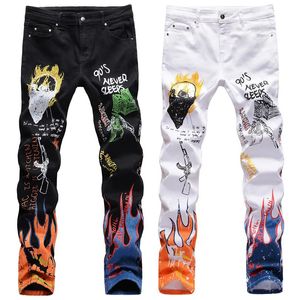 Impressão a cores 3D designer masculino rasgado fino estiramento jeans fino calças masculinas retas Cowboy Famoso clássico Crânio graffiti jean213i