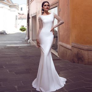 Long Sleeves Slim Simple Mermaid Wedding Dresses Customized Formal Bridal Gowns See Through Back Appliques Lace Long Vestidos De M183V