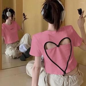 Women's T Shirts Summer Sweet Casual Designed Love Streetwear Fashion Hollow Out Tops Y2K Female Sexy Cropped Slim Tees 2023