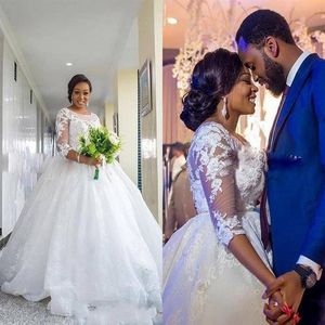 African Plus Size Wedding Dresses 3 4 Sleeves Lace Appliques South Arabic ball gown Long Train Bridal Gowns wedding gowns260g
