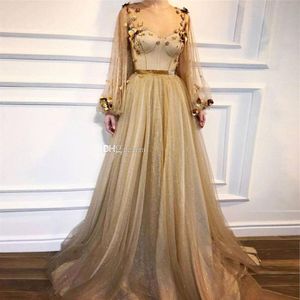 Gold Long Sleeves Virt Grotic Dresses 2019 Gerc Neck Flowers Tulle Tulle Long Sleeve Solial Evening Bress Party Dress Robe de Mar292s