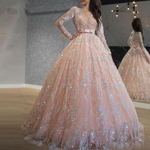 Sparkly Pink Sequined Lace Ball klänning Prom klänningar Juvel hals långärmad söt 16 klänning lång quinceanera klänning mantel de soiree203y