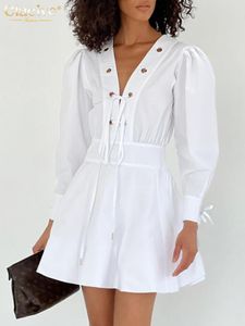 Casual Dresses Claceive Fashion Slim White Dress Summer V-Neck Three Quarter Sleeve Mini Elegant Lace-Up Office for Women 2023