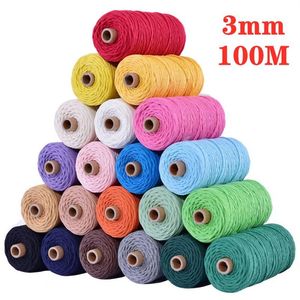 Fornitura decorativa Filato da avvolgimento 3mm x 100M Corda di cotone 3 pezzi / lotto Corda colorata Filo ed Macrame String Fai da te fatto a mano Home Wed179v