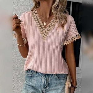 Blusas femininas de verão top chique streetwear camiseta decote em V plissado com decote de renda camiseta de manga curta para um visual elegante e com caimento solto