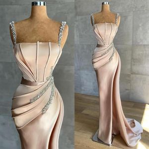 Chic Sheath Mermaid Evening Dresses 2022 Latest Sexy Spaghetti Strap Sequins Pleats Long Formal Party Celebrity Prom Gowns Vestido233Q