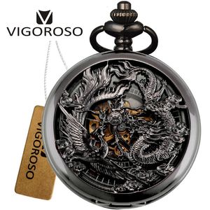 Pocket Watches Vintage Classic Steampunk Skeleton Black Alloy Chinses Flying Dragon Phoenix Mechanical Hand Wind Pocket Watch Fob Chain Clock 230719