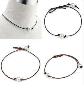 Handmade Single Pearl Leather Choker Necklace on Genuine Black Brown Leather Cord For Women Fashion Imitation Natural Freshwater P7291107