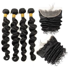 Ishow Indian Loose Deep Human Hair Bundles with Closure Kinky Curly Straight 3 4 Pcs with Lace Frontal Peruvian Body Wave for Wome270o