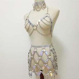 Donne Punk Harness Holographic Laser Leather Handmade Body Bondage Sexy gonna a rete Cintura toracica moda girocollo catena d'argento Bra1245T