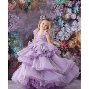 Abiti da ragazza Flower Girls Dress Host'S Show Layered Tulle viola Trailing Wedding Children Princess Ball Gown per la festa