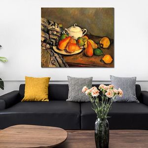 Modern Abstract Canvas Art Sugarbowl Pears and Tablecloth Paul Cezanne Handmade Oil Painting Contemporary Wall Decor